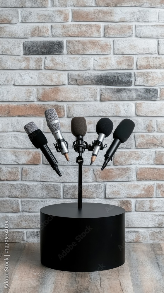 Poster various microphones arranged in a circular display on a black stand against a textured stone wall in