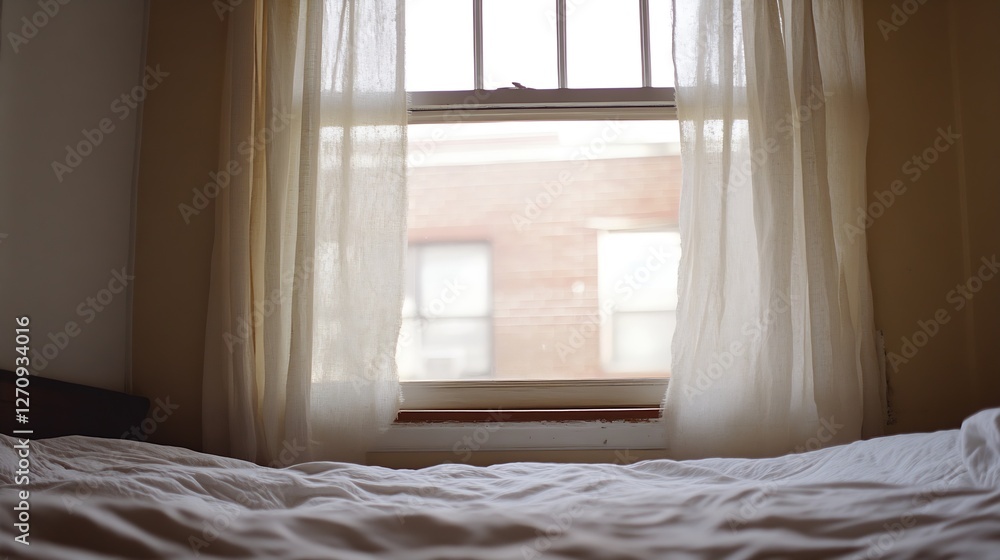 Aufkleber Bright and airy interior view of a bed next to a window with flowing curtains and natural light : Generative AI