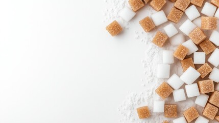 Cubes of sweetness scattered on a clean surface illustrating the contrast between brown and white sugar and their textures and shapes