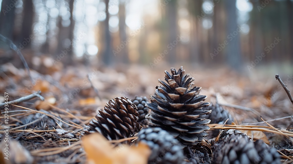 Poster natural scene featuring pine cones on forest floor surrounded by soft lighting : generative ai