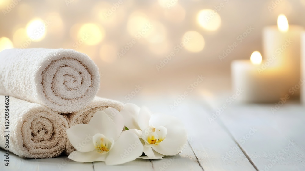 Poster Soft towels stacked neatly with delicate white flowers creating a spalike atmosphere and relaxation vibe : Generative AI