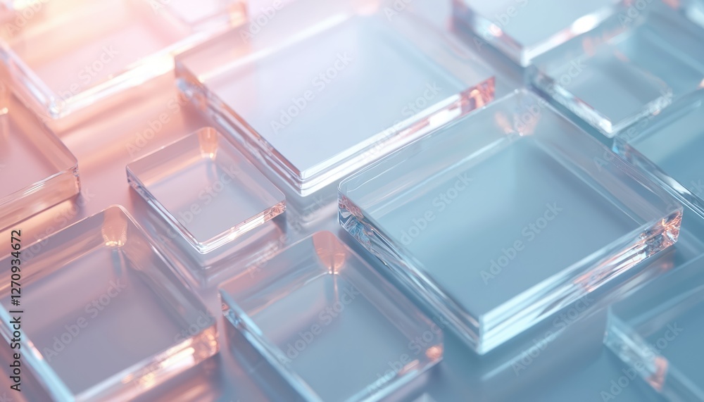 Poster crystal clear acrylic panels arranged in geometric composition. transparent square, rectangular shap