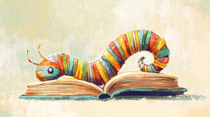 Illustration of a literal worm with book pages for its body, symbolizing bookworms in a whimsical way, fun and creative.