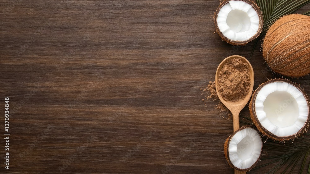 Poster fresh coconuts and coconut flour arranged on a wooden surface creating a natural and tropical settin