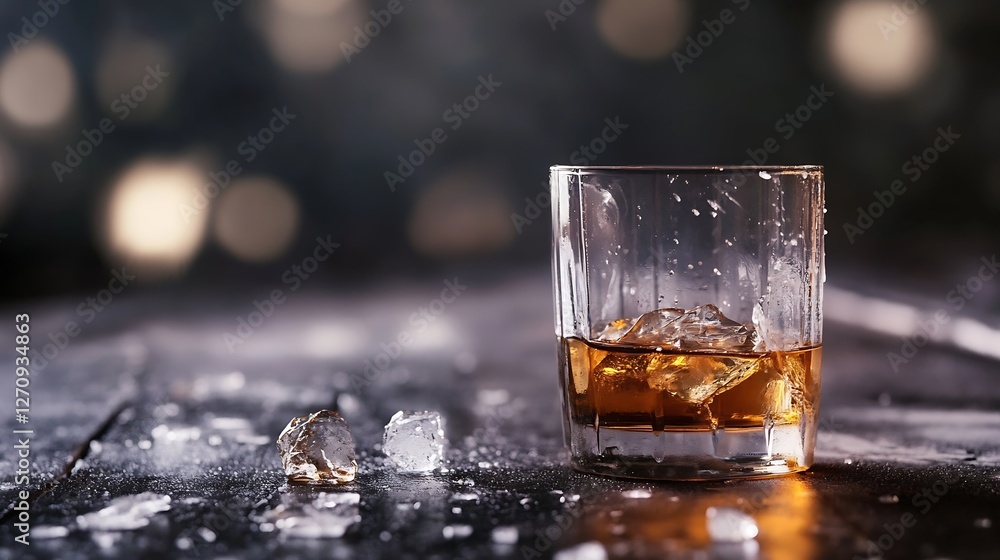 Aufkleber A glass of whiskey with ice cubes on a rustic wooden surface creating a warm and inviting atmosphere : Generative AI