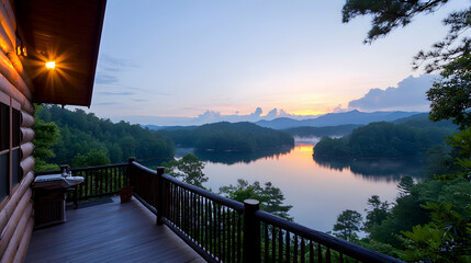 Sunrise View From Log Cabin Over Lakeside Mountains