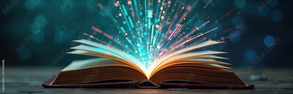 Poster open book transforms into stream of digital data. concept of knowledge transforming to information. 