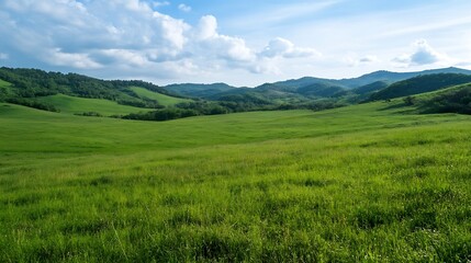 Naklejka premium Beautiful vast green landscape with rolling hills under a bright blue sky filled with fluffy white clouds : Generative AI