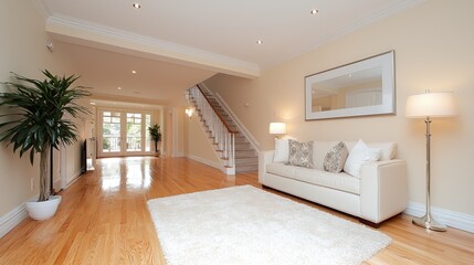 Interior of a bright, spacious house hallway and living room