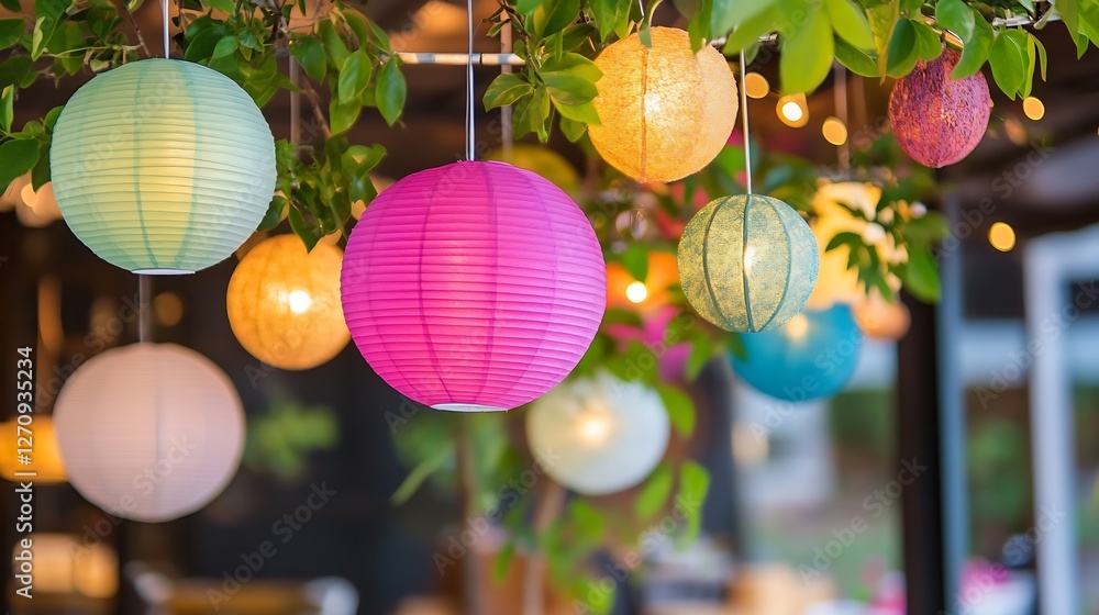 Aufkleber colorful hanging lanterns creating a cozy atmosphere in a garden : generative ai