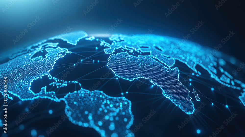 Poster glowing blue global network visualization showcasing interconnected continents and data points, evok
