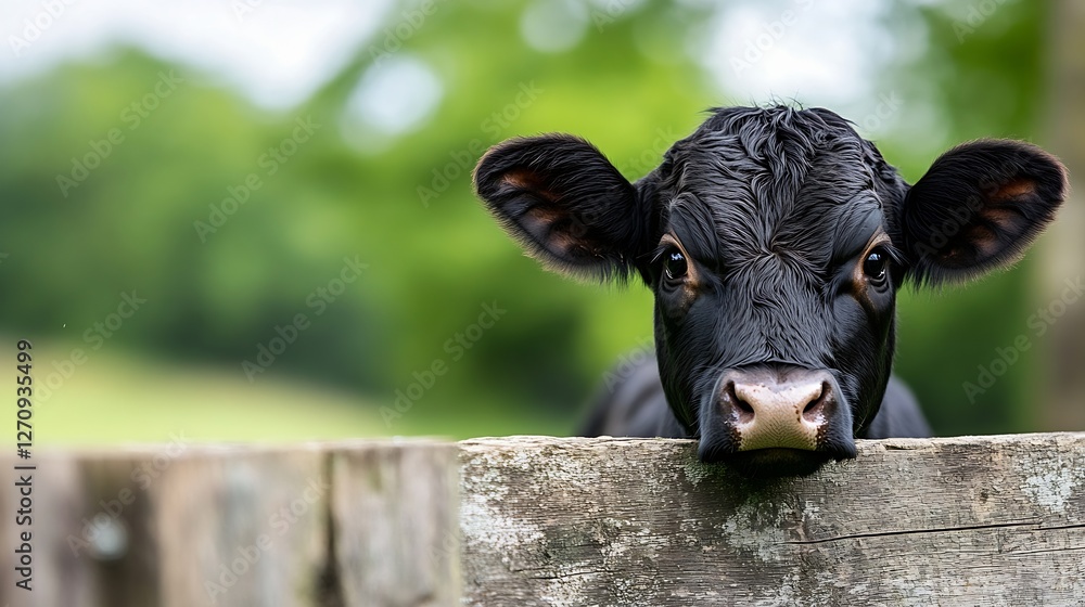 Poster curious black calf peeping through a fence with a blurred green background : generative ai