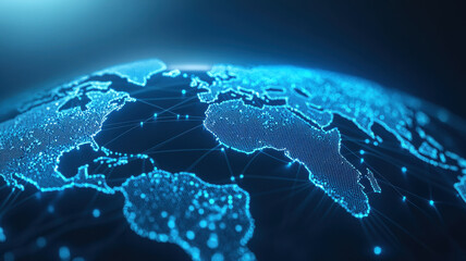 glowing blue global network visualization showcasing interconnected continents and data points, evoking sense of technology and connectivity