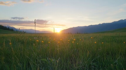 Vibrant meadow with blooming flowers and a golden sunset over mountains : Generative AI