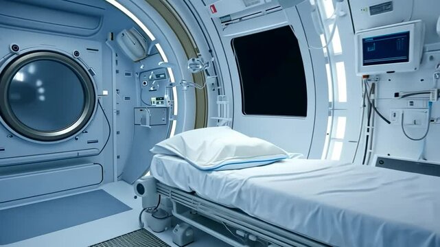 Patient bed inside futuristic hyperbaric chamber, medical equipment, dark viewscreen