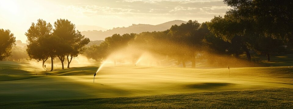 Golf course in maintenance. Watering golf course with sprinklers. Golf course at sunset.