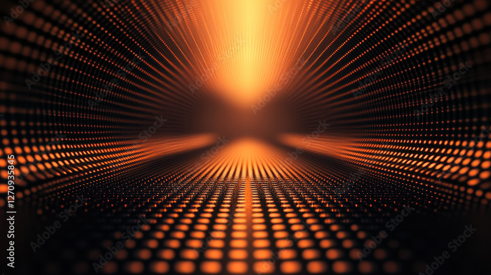 Poster abstract volumetric light rays shining through dark tunnel, creating mesmerizing glow. warm orange t
