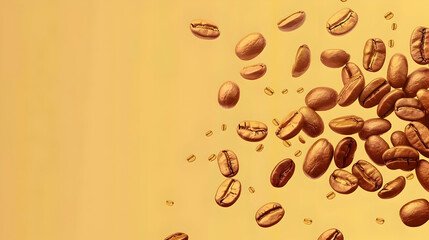 Obraz premium A vibrant display of coffee beans cascading against a warm yellow backdrop, perfect for beverage promotions