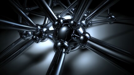 Obraz premium Abstract representation of interconnected metallic spheres and rods forming a complex structure in a dark and dramatic environment