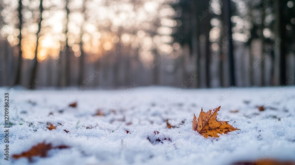 Aufkleber autumn leaf on snowy ground highlighting transition from fall to winter in a beautiful forest : gene