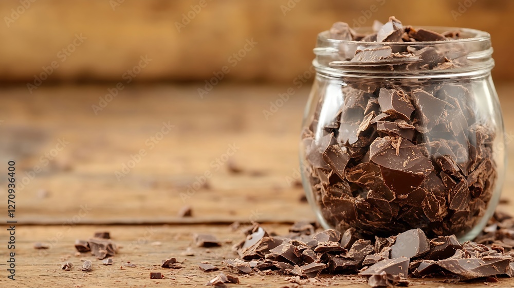 Poster glass jar filled with rich chocolate pieces and scattered chocolate bits on a rustic wooden table : 