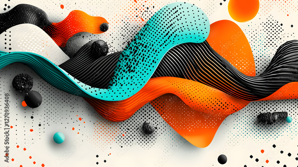 Poster dynamic interplay of fluid shapes and vibrant colors on textured space