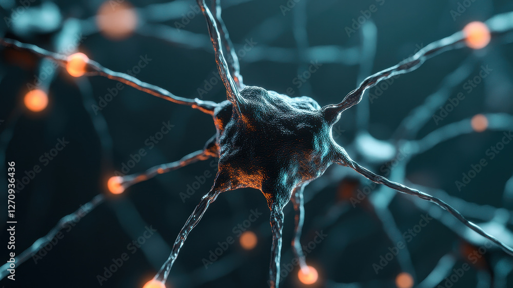 Aufkleber close up view of neuron with glowing connections, showcasing neural activity and bioluminescence