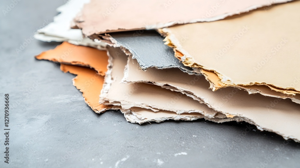 Poster variety of textured and colored paper sheets stacked elegantly for creative projects and design purp