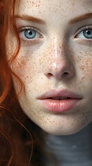 Clear, natural skin, freckles covering the face, red lips, bright gray background Close-up of a beautiful young woman's face - a beautiful young girl with freckles