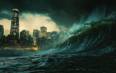 A city skyline silhouetted against a monstrous tsunami wave