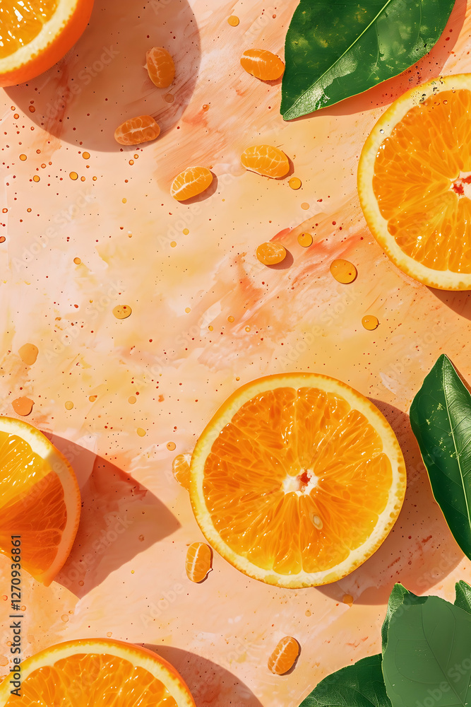 Poster freshly sliced oranges with vibrant colors and droplets on a textured background