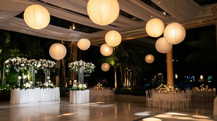 Sophisticated event space with elegant paper lanterns and stylish table settings for gatherings : Generative AI