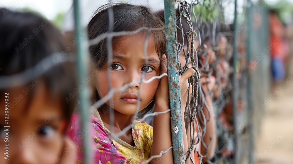 Poster a young girl looking through a fence with a sad expression reflecting challenges faced by children :