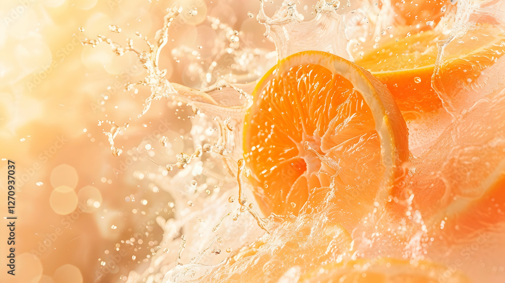 Poster fresh orange slices splashing in water, creating vibrant droplets against a soft background