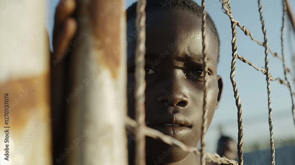 Poster A closeup of a boy's determined expression through a rusty fence symbolizing resilience amidst hardship : Generative AI