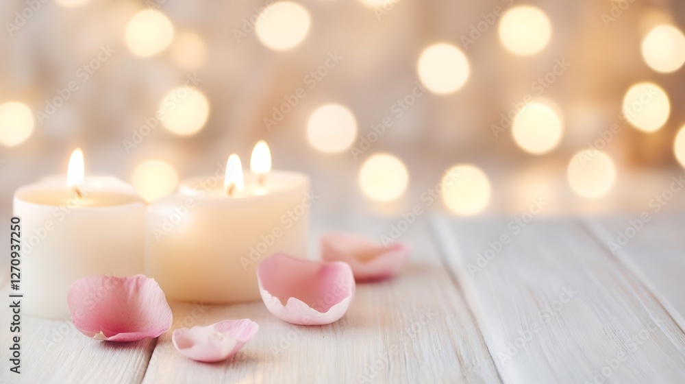 Aufkleber soft glowing candles surrounded by delicate rose petals on a wooden table creating a calming atmosph