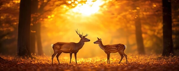 Two Elegant Deer Interacting in a Sunlit Autumn Forest Setting with Golden Leaves