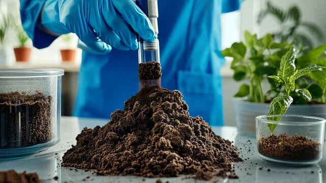 Scientist analyzes soil sample in lab with plants in background