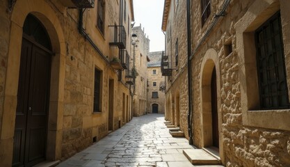 Obraz premium Sunlit Stone Alleyway In Historic European Town, Tranquil And Timeless