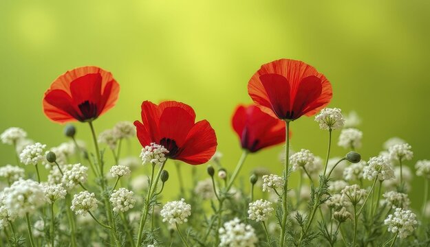High Resolution Photo Of Red Poppies And White Baby's Breath On Soft Green Background