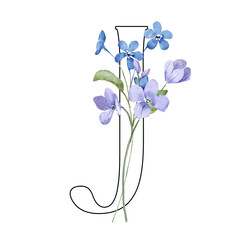 Floral monogram, letter J, alphabet with blue flowers, Initial perfectly for logo, wedding invitation, greeting card, poster and other design. Digital illustration hand drawing.
