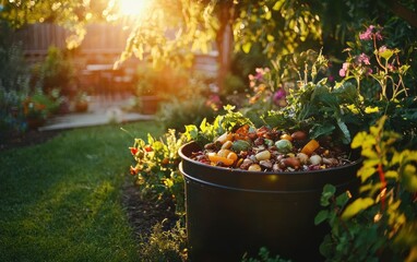 Fototapeta premium A compost bin filled with fresh food scraps in a backyard garden