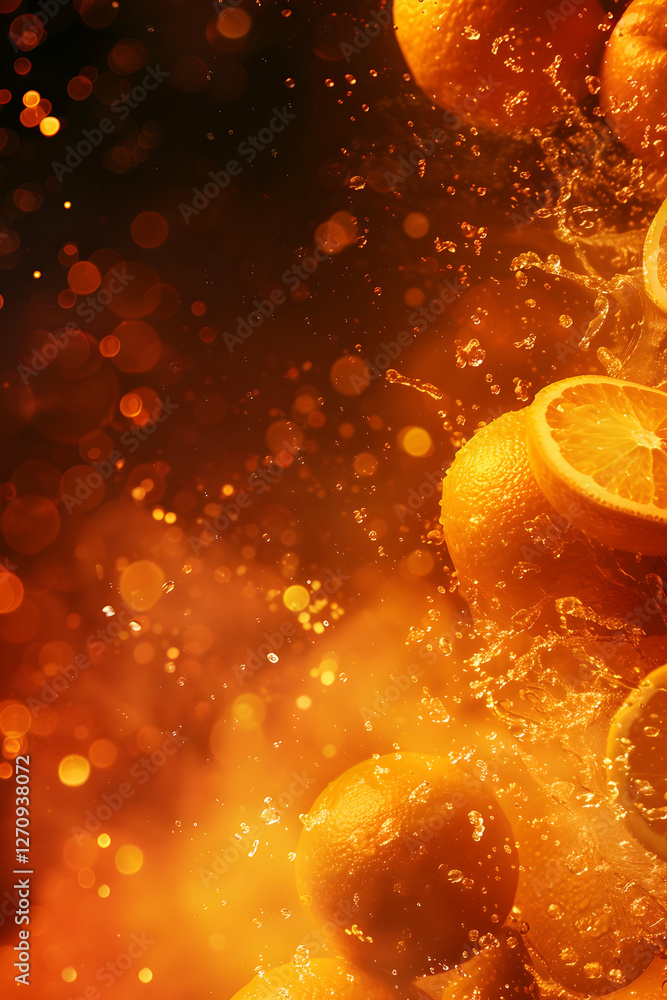 Aufkleber splashes of fresh oranges in dynamic motion with vibrant background and bokeh effects