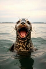 Fototapeta premium Curious Seal Popping Out of the Water with Mouth Open in a Coastal Ocean Environment