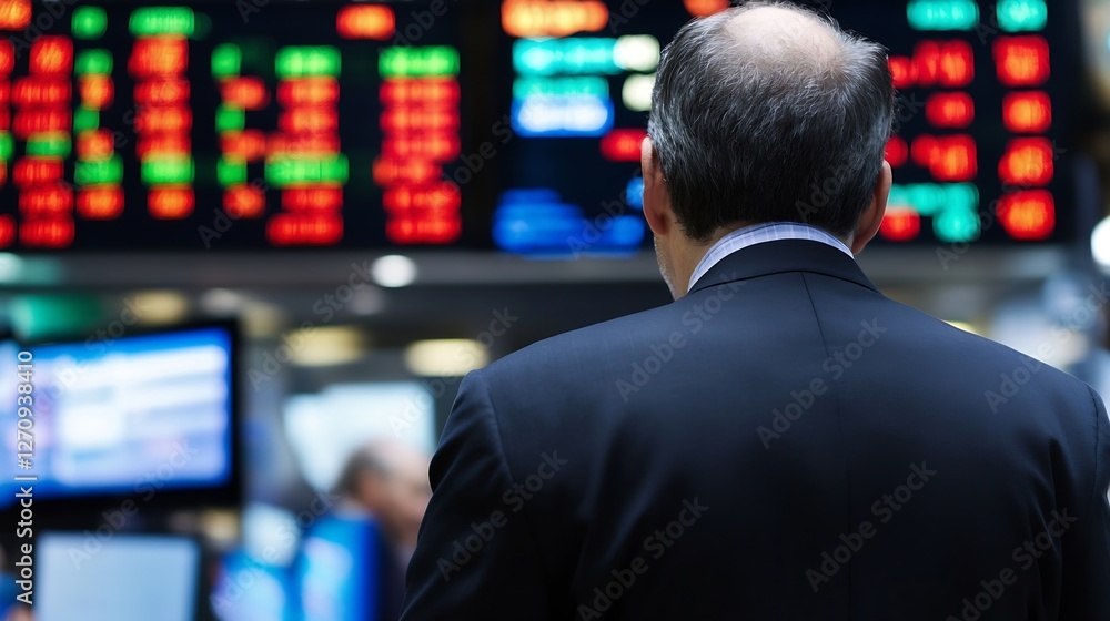 Poster businessman analyzing stock market data with digital displays at a financial exchange : generative a
