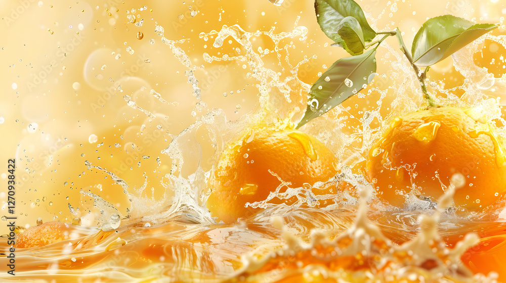 Poster fresh oranges splashing into vibrant juice with droplets and leaves, evoking a refreshing summer vib
