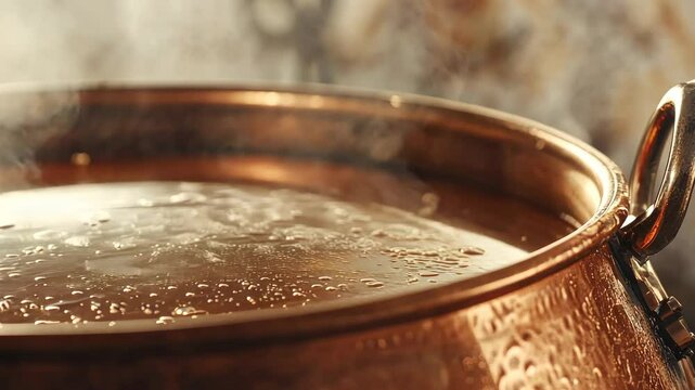 Steaming broth simmering in copper pot on stovetop, kitchen background