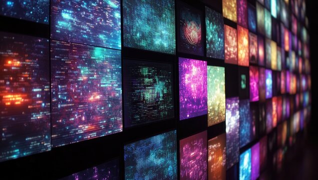 Wall of colorful digital displays showing abstract data