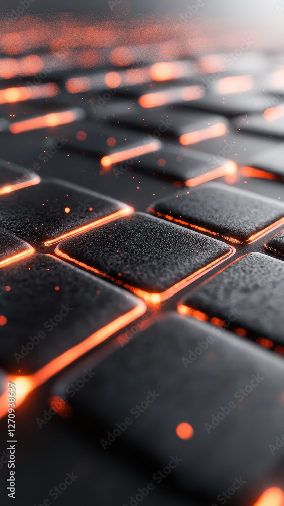 Poster close up view of keyboard with glowing orange highlights and dark background creates futuristic atmo