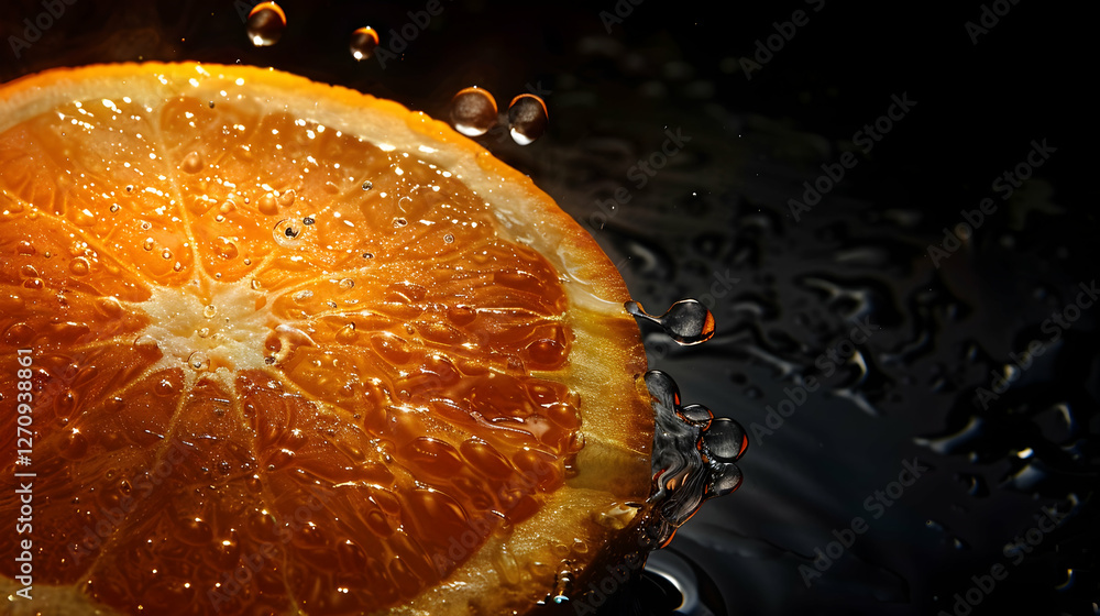 Poster close-up of a vibrant orange slice splashing in dark water, creating dynamic bubbles and reflections